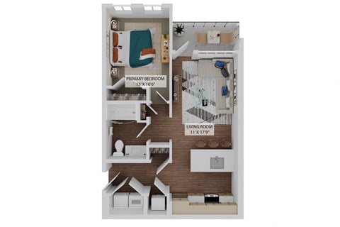 Floor plan for 1 bed, 1 bath, 701 sqft